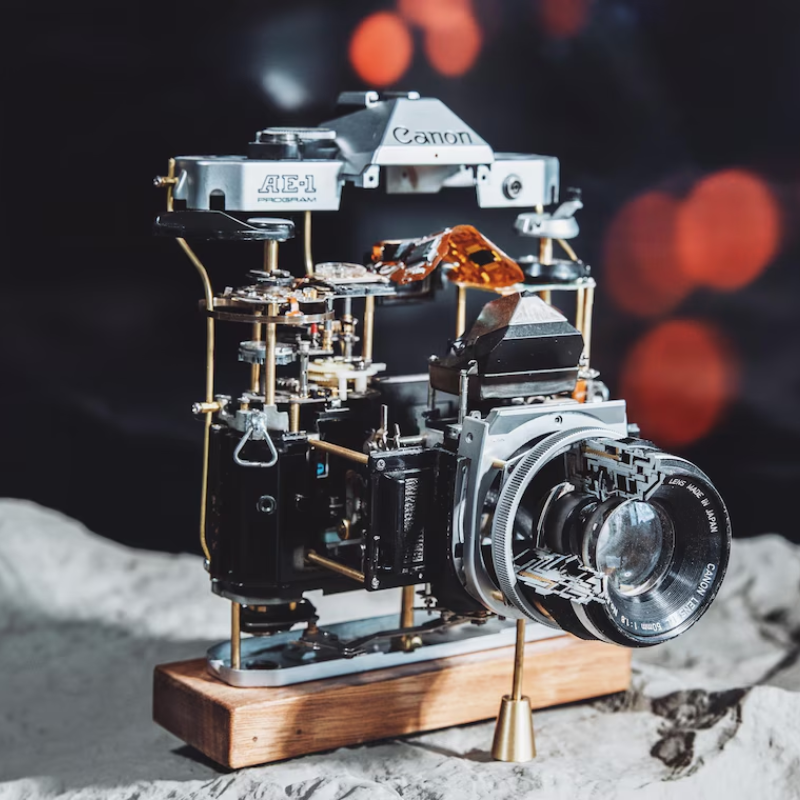 Disassembled Mechanical Film Canon AE-1 Camera , Home Decor, Camera Art